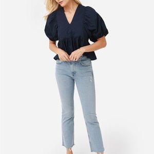 NWT Hunter Bell Landry Poplin Top Blouse V-neck - Navy - Large - New